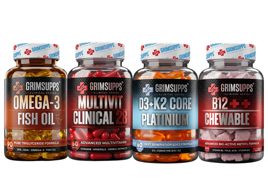 Grimsupps Omega-3 Fish Oil Trigliserid Form + Multivit Clinical 28 Multivitamin - 60 Kapsül + D3 + K2 Core Platinum + B12 Vitamin 1000 mcg Çiğnenebilir 60 Tablet
